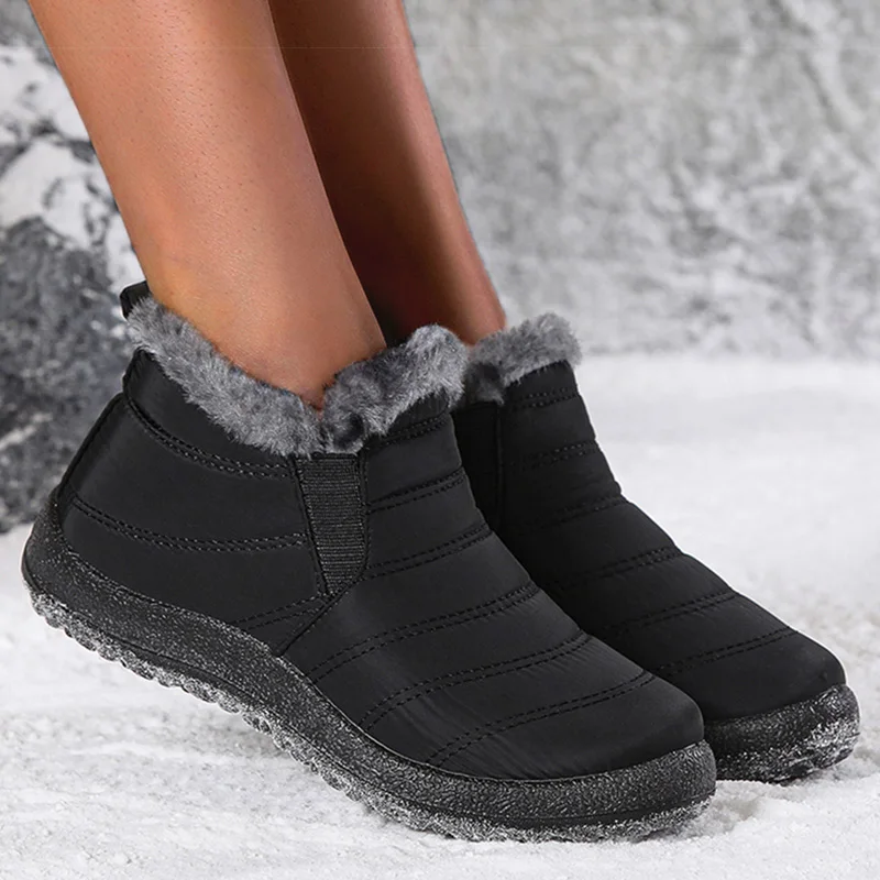 Botas de pele quente para mulheres, Bota de combate curta, sapatos deslizantes, botas de neve, inverno