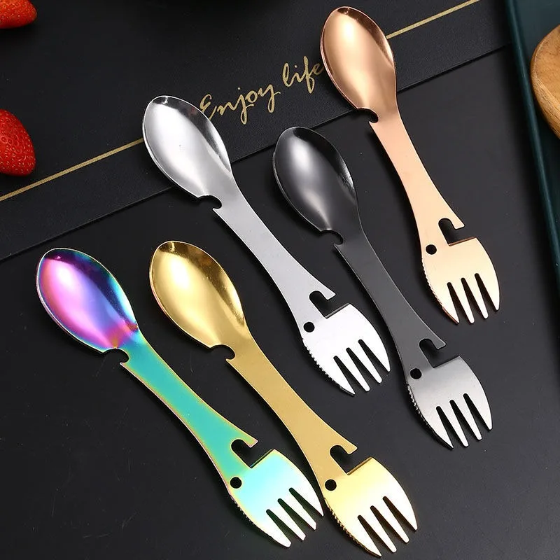 

Multifunctional Stainless Steel Spoon Beer Open Outdoor Can Open Long Handle Cute Knife, Spoon and Fork In One 5 Boxes 1 Spoon