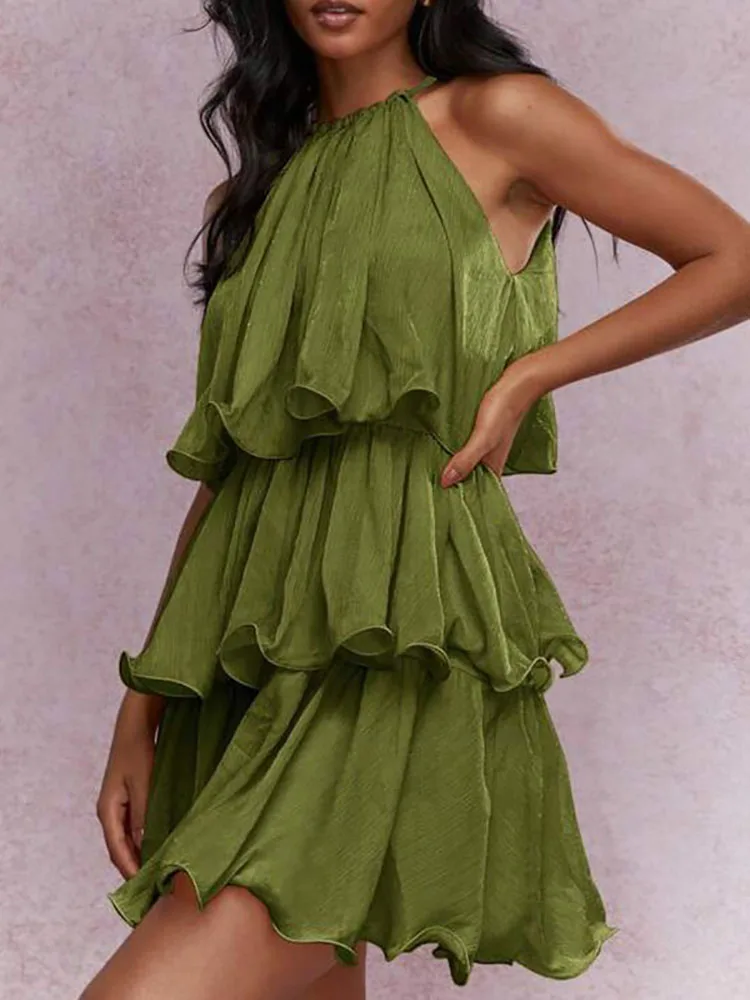 Vestido curto de festa com design de babado em camadas, temperamento simples, sem mangas, camisola, sexy, feminino, halter, sem mangas, praia