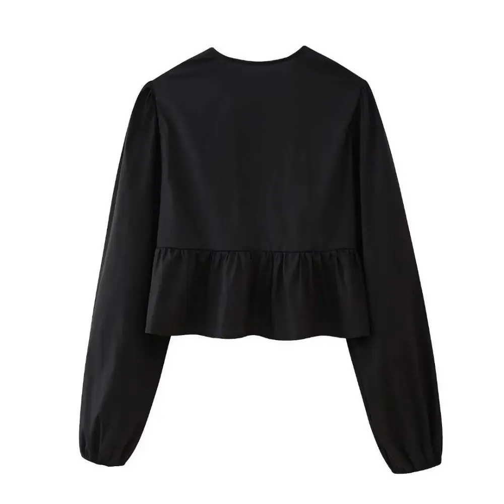 Blusa de renda bowknot plissada para meninas, tops femininos, camisas monocromáticas, cardigã com laço, manga longa, verão