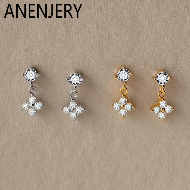 ANENJERY Four Leaf Flower Zircon Pendant Stud Earrings For Women Luxury Design Delicate Simple French Jewelry Gifts Wholesale