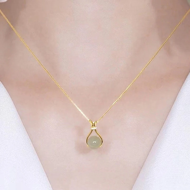 18K Gold Hetian Jade Necklace Metal Non Tarnish Fashion Women Accessories Jewelry