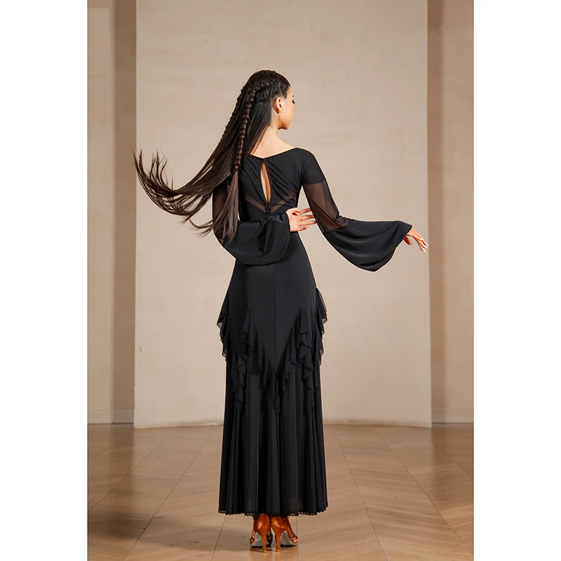 2025 Ballroom Dance Competition Clothing For Women Long Sleeved Lotus Leaf Edge Modern Dance Dress National Waltz Wear DQS21631