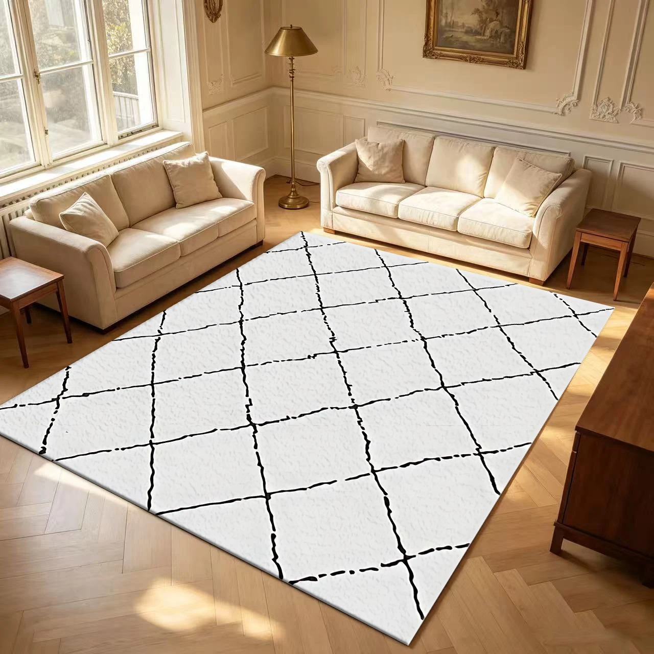 White Black Hand‑Drawn Rhombus Diamond Carpet Flooring Casual Irregular Line Large Area Rug for Home Living Space