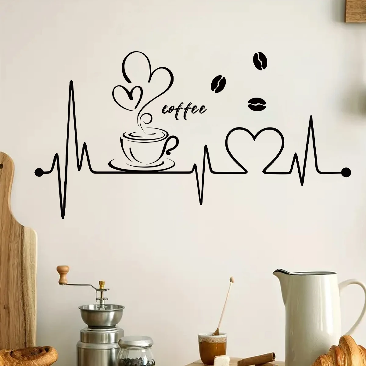 1pcs PVC Removable Wall Stickers for Living Room Decor Bedroom Coffee Shop Love Coffee ECG Pattern Wall Decal Kitchen Decoration