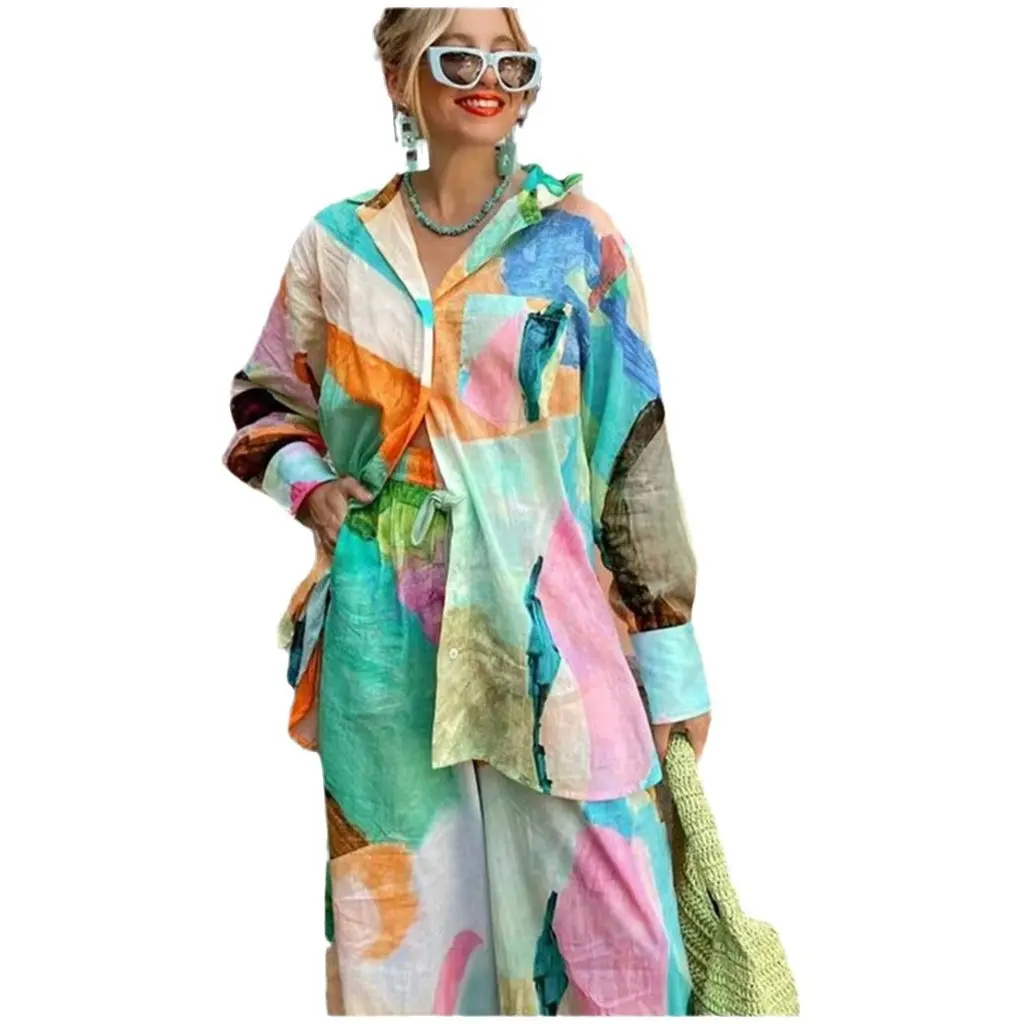 

Casual Fashion Printed Shirt Collar Two-Piece Set Loose Long Sleeve European And American Style Independent Station