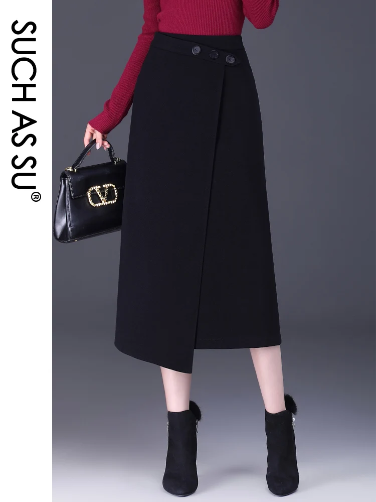 

SUCH AS SU Autumn Winter Button Skirts Women 2023 Black Coffee Woolen Asymmetrical Split High Waist S-3XL Size Mid Long Skirt