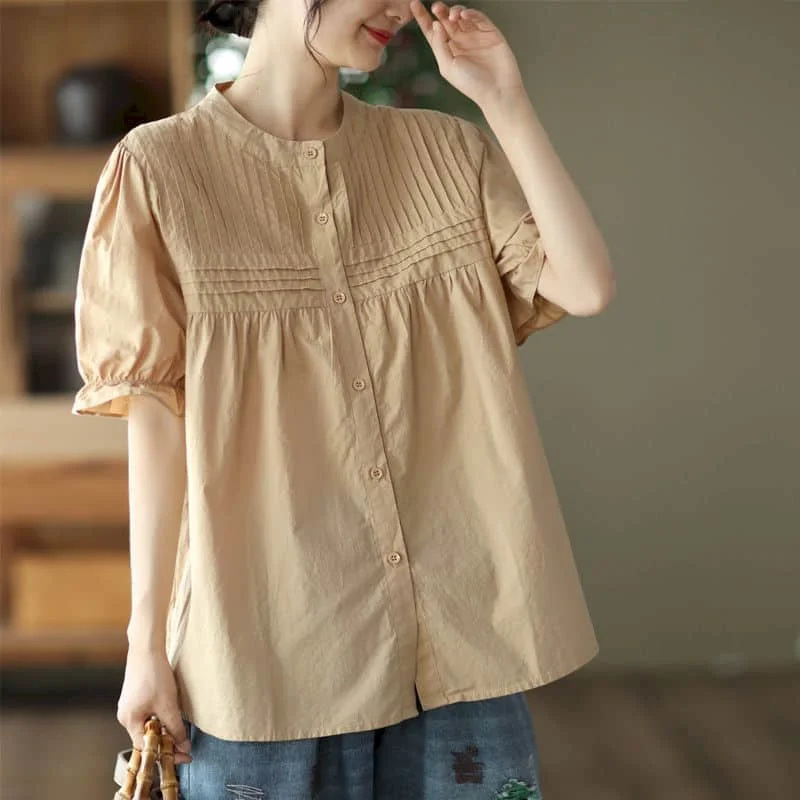 

Shirts for Women Vintage Half Sleeve Solid Fold Design Cardigans Casual Single Breasted Korean Style One-piece Blouse Women Tops