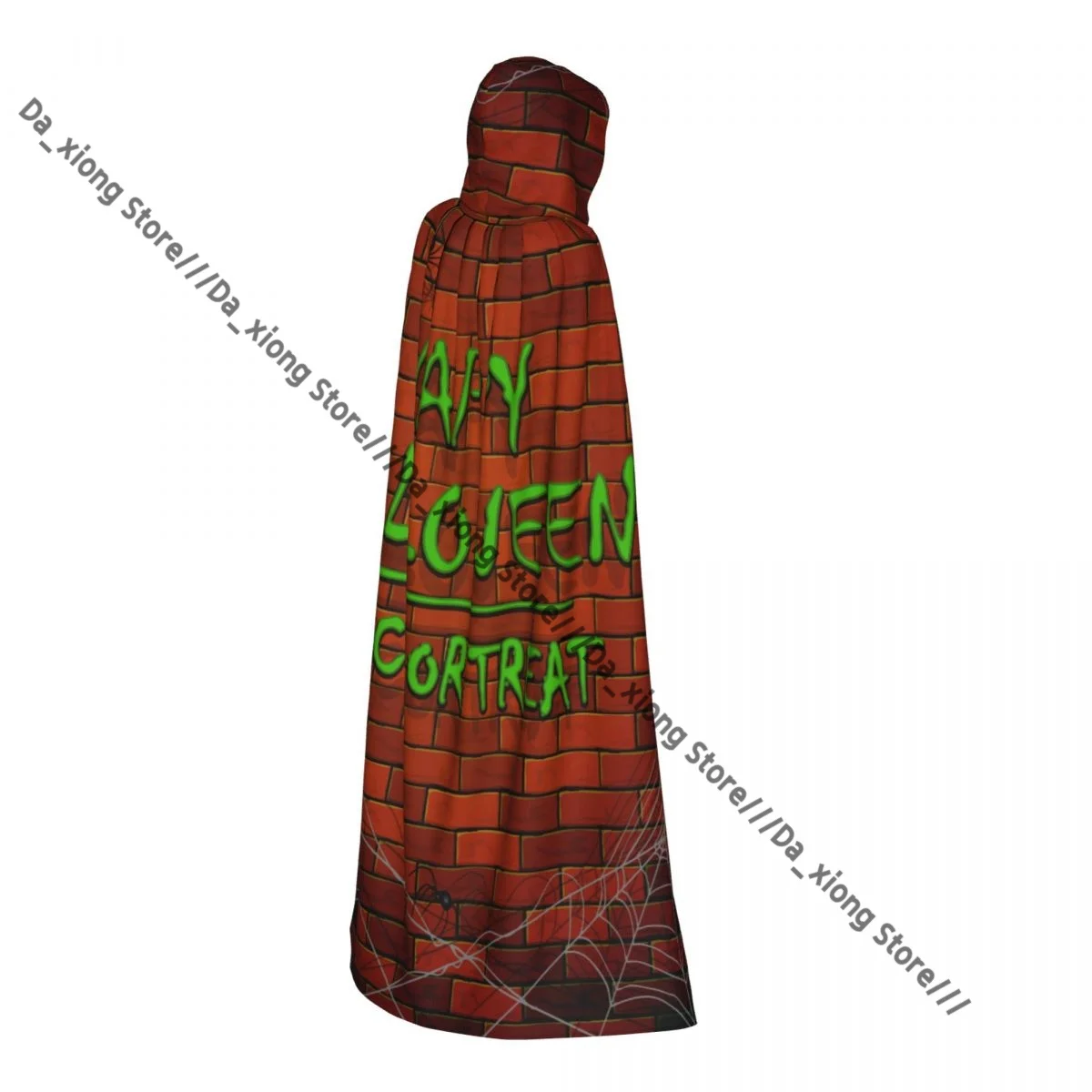 رداء ساحرة طويل بغطاء للرأس، طوب حائط للهالوين السعيد مع شبكة عنكبوت، عباءة الهالوين، أزياء تنكرية للبالغين