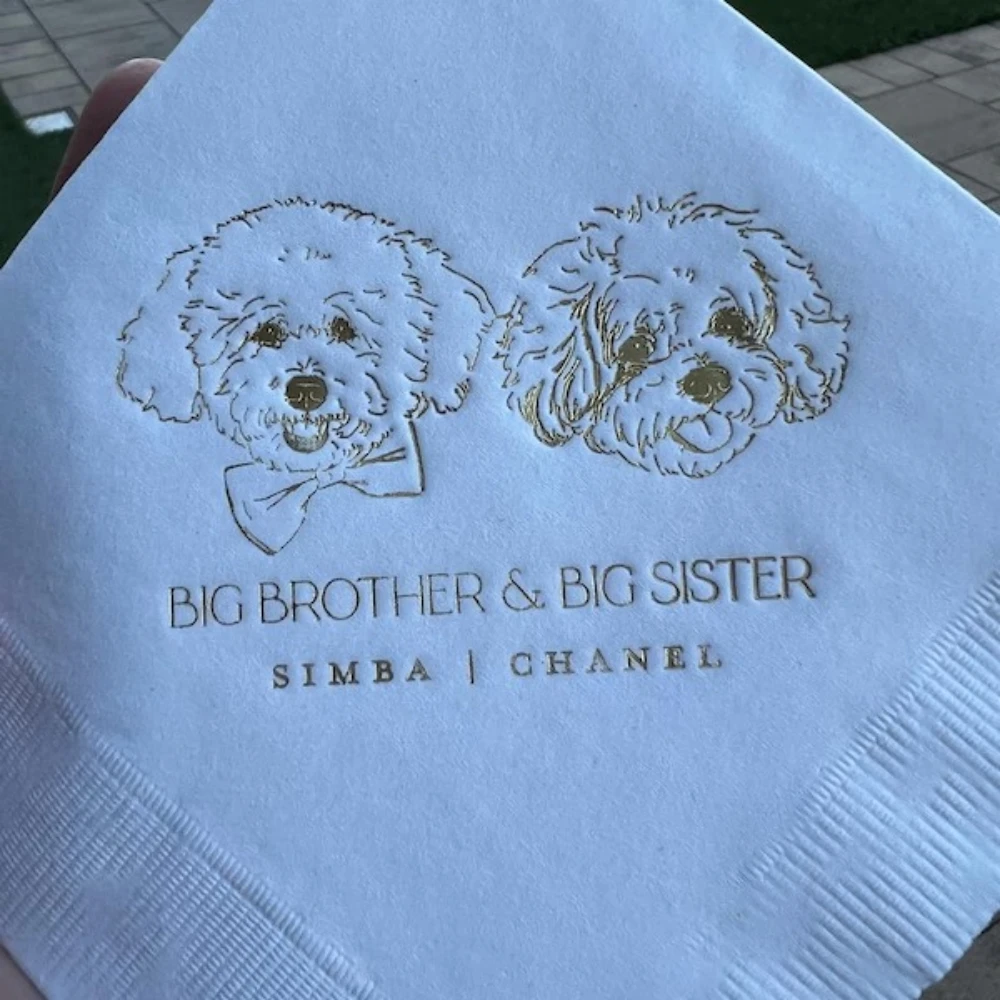 50Pcs Dog Cocktail Napkins Custom Wedding Reception Pet Drawing Beverage Napkins Gold Foil Custom Dogs Illustration Pet Portrait