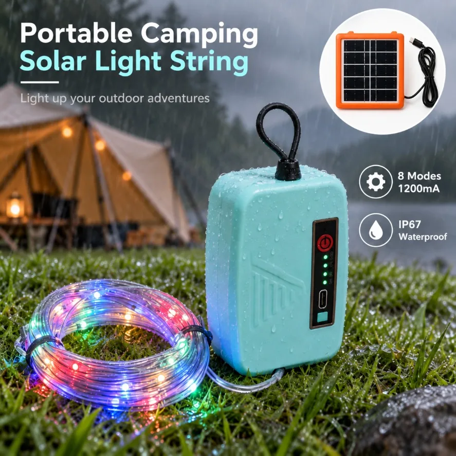 8M Waterproof Portable Solar Camping Light String 8 Modes 1200mA Rechargeable LED Fairy Lights for Outdoor Tent Garden Decor