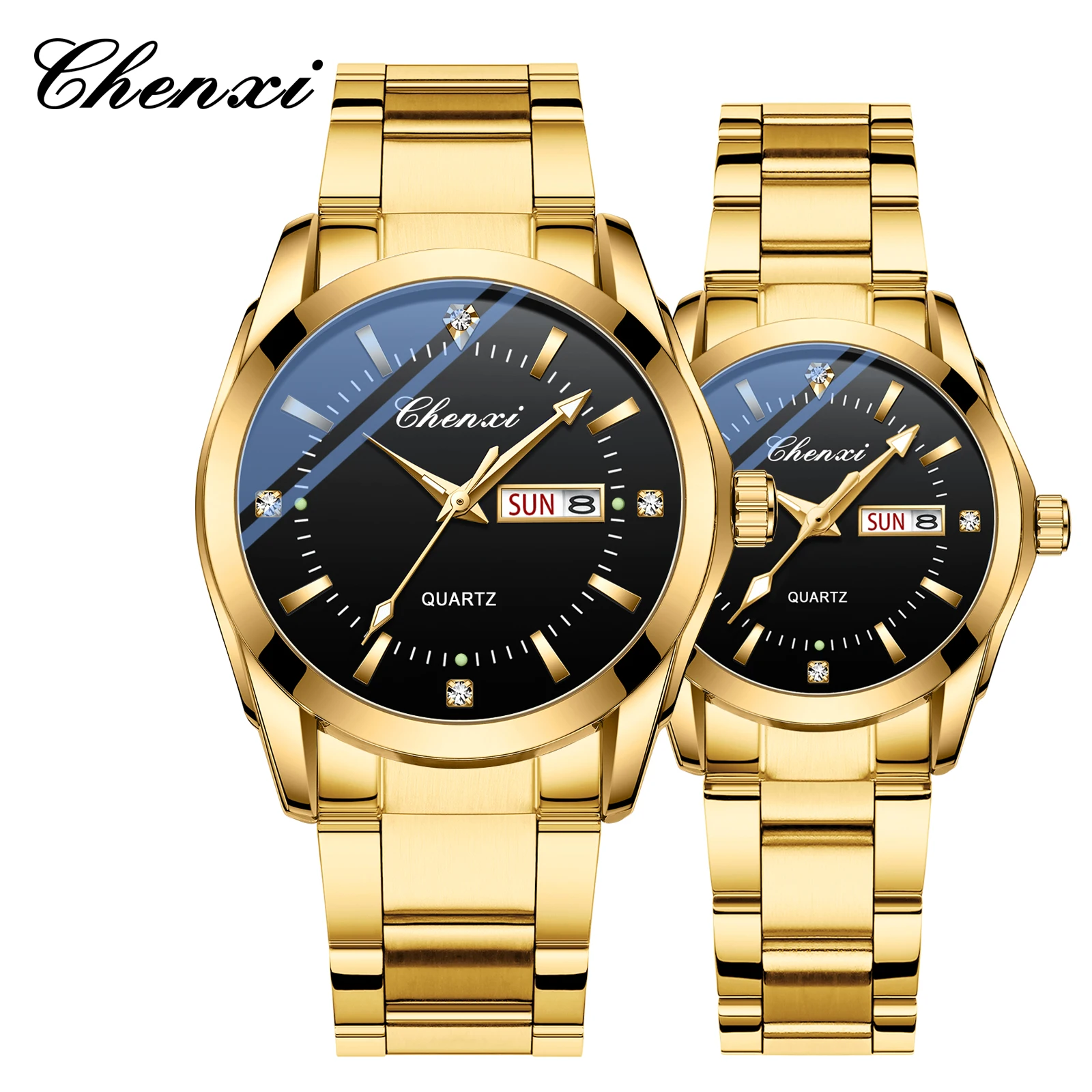 CHENXI-relojes de pareja dorados de acero inoxidable, resistente al agua, para hombre y mujer, par de relojes de cuarzo con calendario semanal de