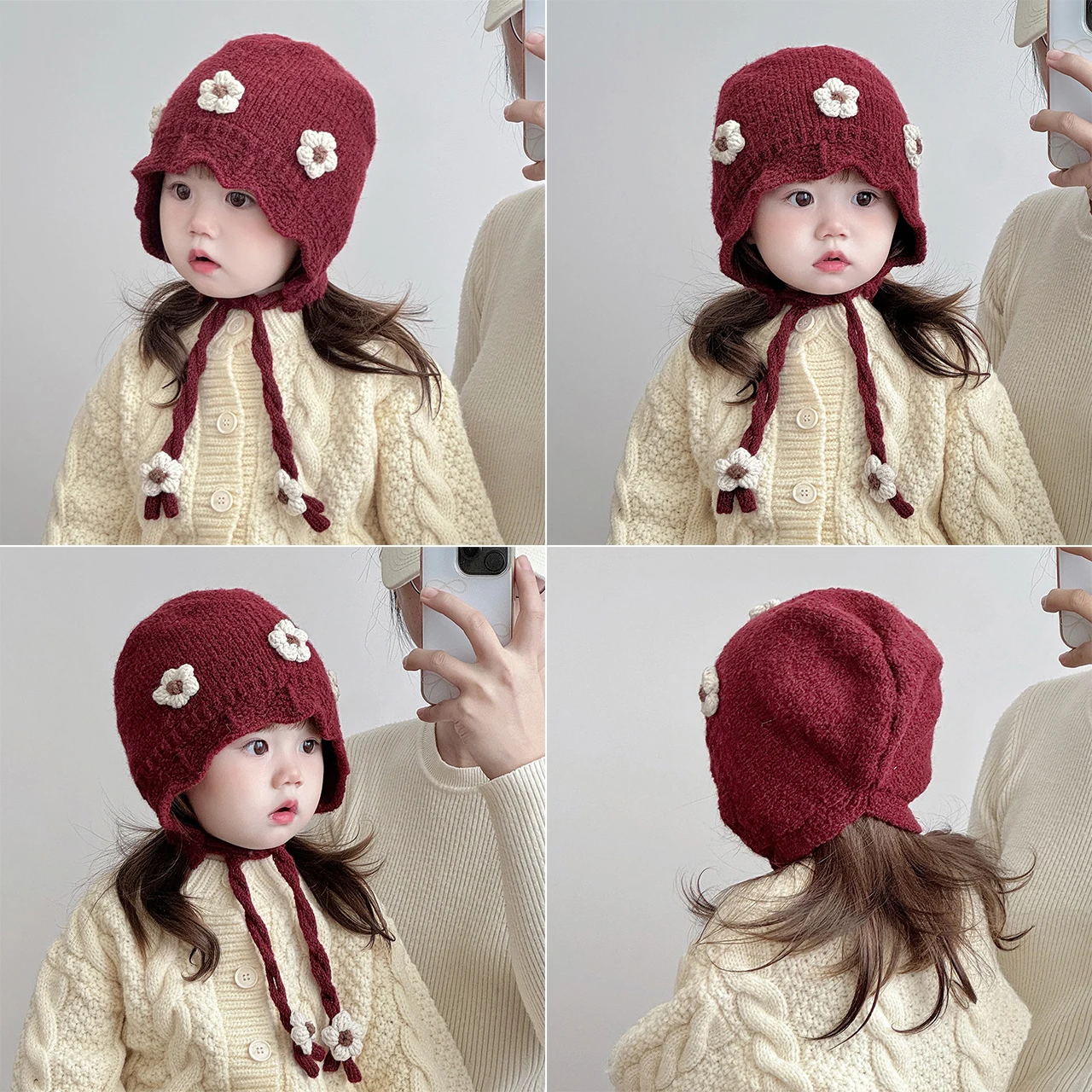 Einfarbig Baby Hut Herbst Winter Stricken Blume Winddicht Gehörschutz Schnürung Kappe Süße Mädchen Infant Kleinkind Mützen Motorhaube – Detail 1