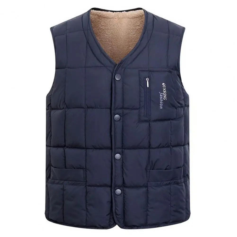 

Men Winter Fall Vest Coat Padded Thick Loose V Neck Single-breasted Pockets Sleeveless Warm Plush Father Waistcoat