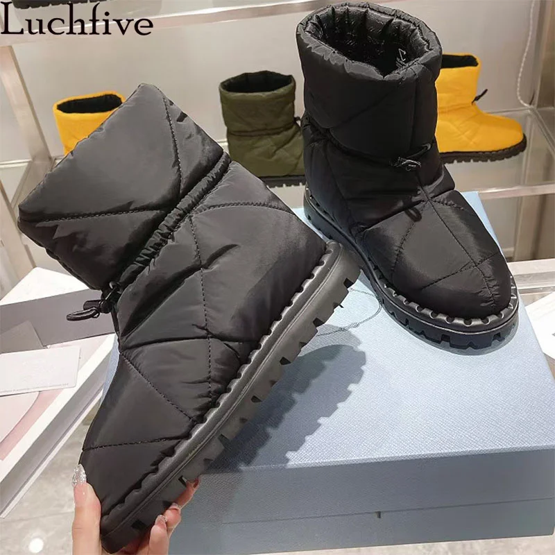 Down-filled Thicken Flat Ankle Boots Women Round toe Elastic band Slip on Warm Snow Boots 2022 Winter Luxury Brand Shoes Mujer