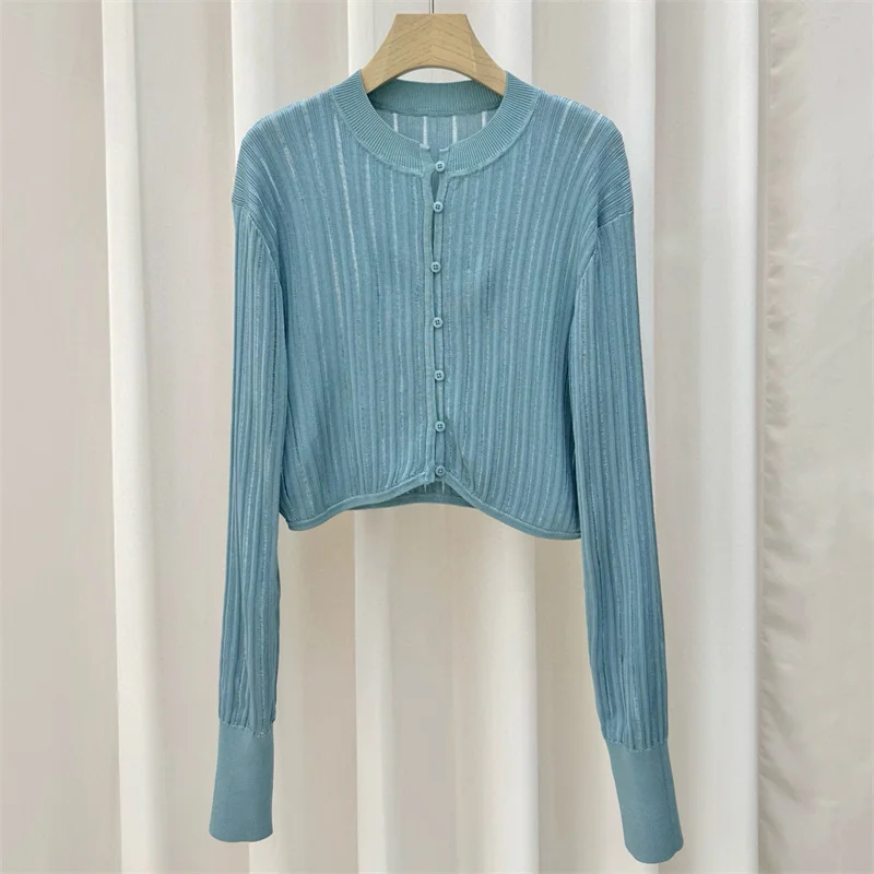 

Cardigan for women 2026 summer new single breasted slim fit women's long sleeved top Elastic knitted casual thin coat y2k Blouse