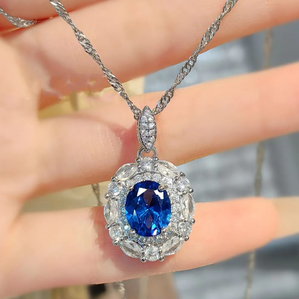 Classical Blue Sapphire Gemstones Diamonds Pendant Necklaces for Women High Grade Wedding Jewelry Sets Dinner Party Accessories