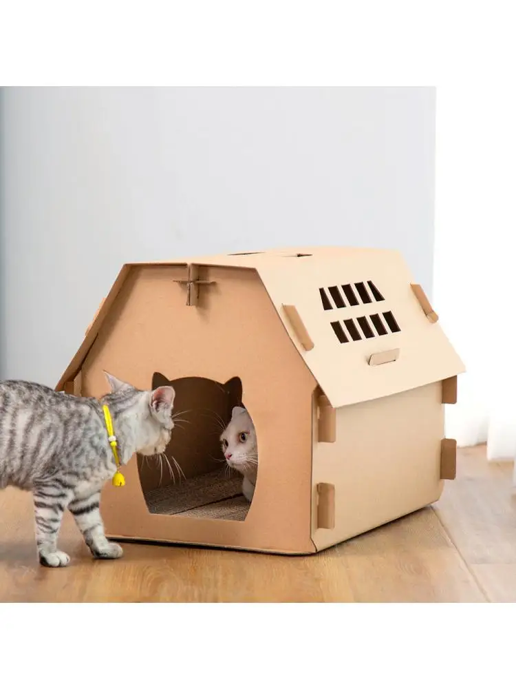 

Pet Furniture DIY Cat House Carton Box Have Small Window Tools Scratch Board Self Assembly Kitten Indoor Corrugated Paper house