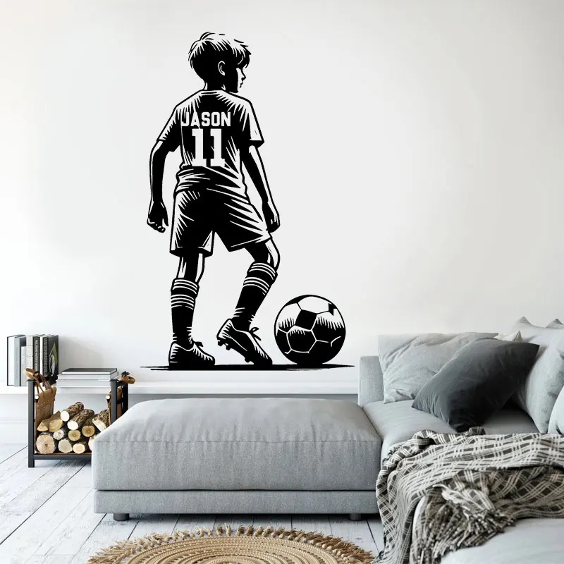 

Personalized Name & No. Footballer Wall Sticker Vinyl Home Decor for Boy's Room Bedroom, Custom Soccer Player Name Decals Z635