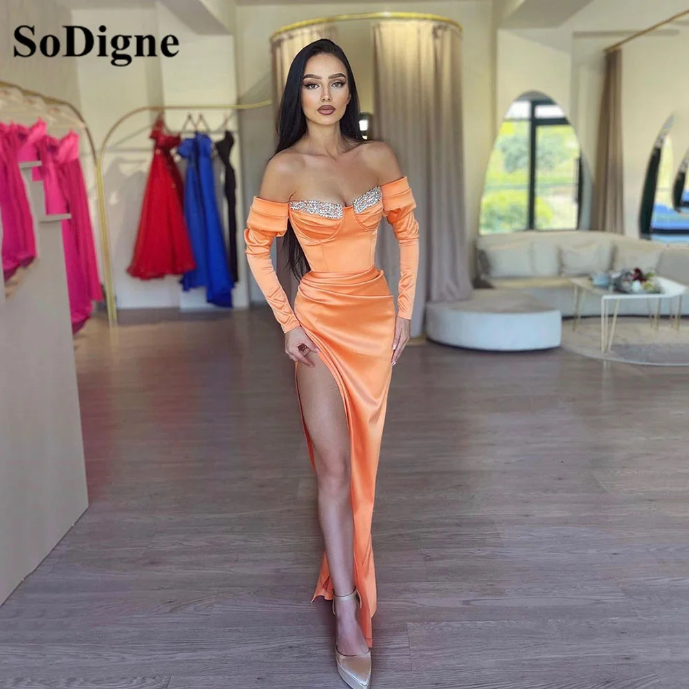 

SoDigne Orange Mermaid Evening Dresses Beadings Off Shoulder Women Formal Prom Gowns Pleated Sexy Side Slit Celebrity Dress