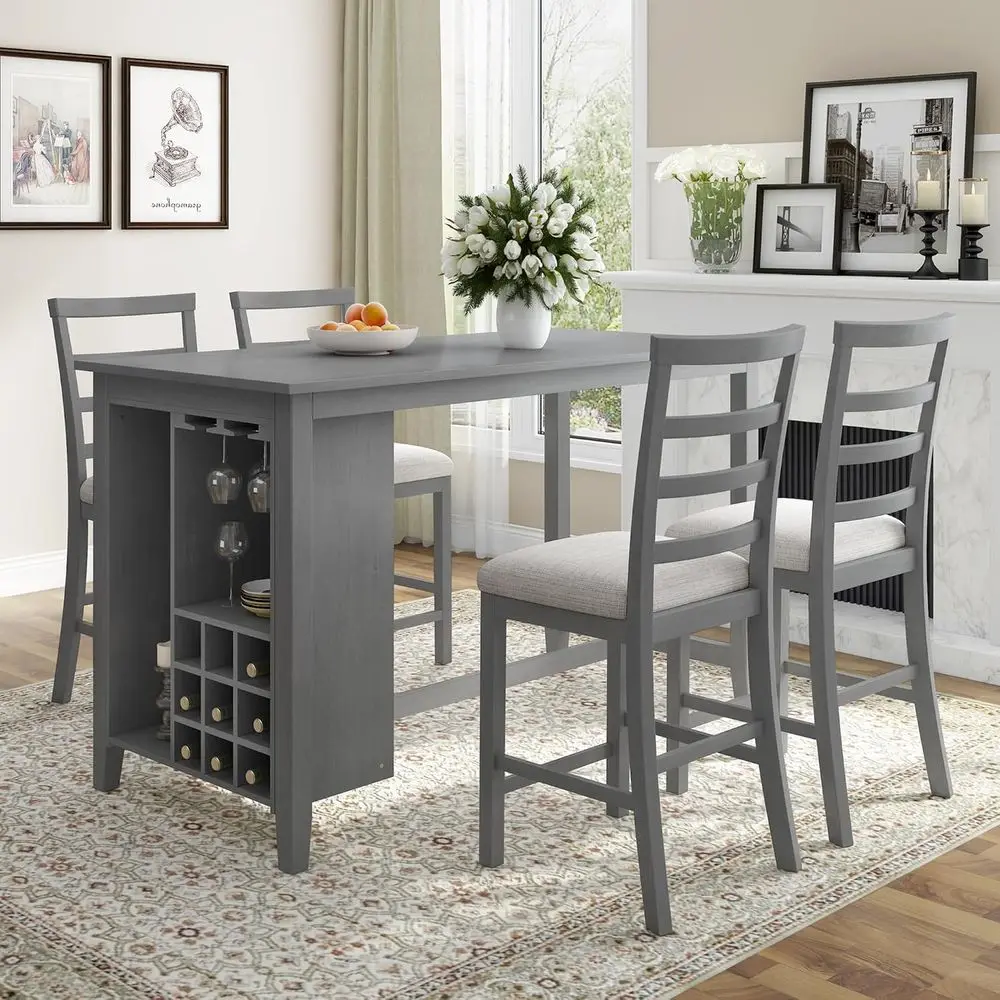 

Серый обеденный гарнитур с высокими стульями, винным шкафом и подставками для бокалов для кухни или гостиной