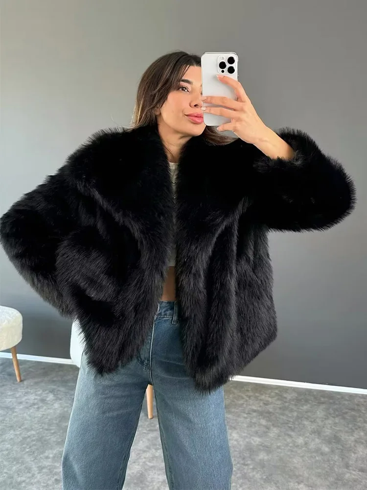 HH TRAF Women Fashion Faux Fur Loose Jacket Elegant Long Sleeve Plush Open Front Coat Oversize Female Casual Lapel Outerwear