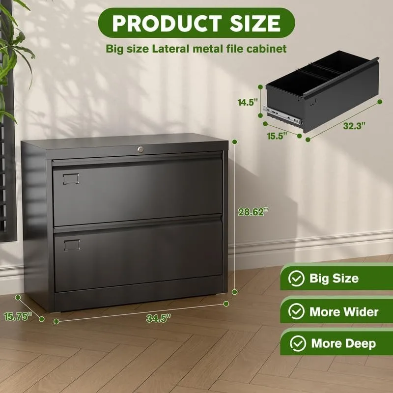 Aobabo 2 Drawer Wide Lateral File Cabinet, Metal Filing Cabinet with Lock, Suitable for Home Office School Hanging Files Letter