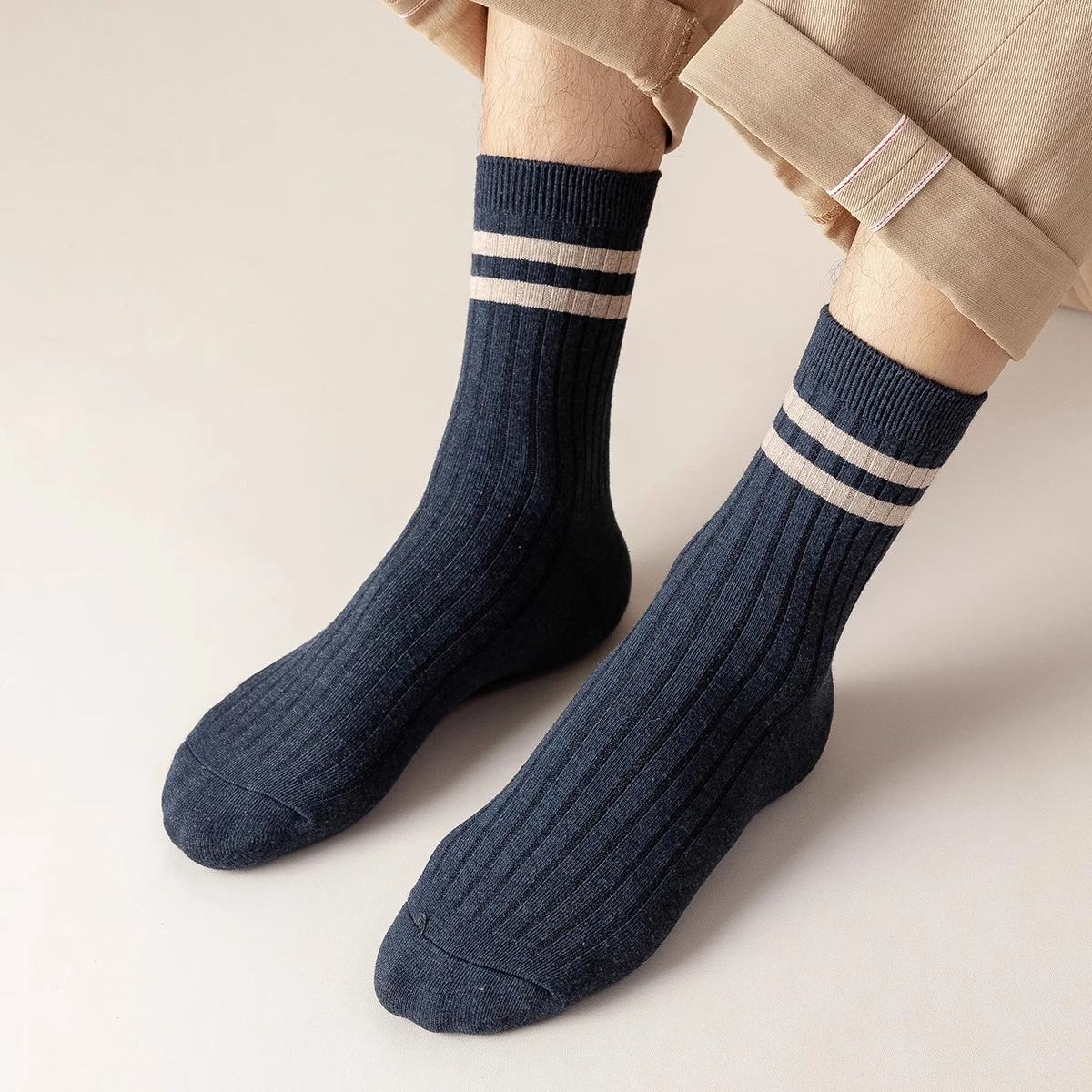 7 Pairs Men's Crew Socks, Striped, Simple, Comfortable, Breathable, Moisture-Wicking, Preppy and Casual Style, Classic