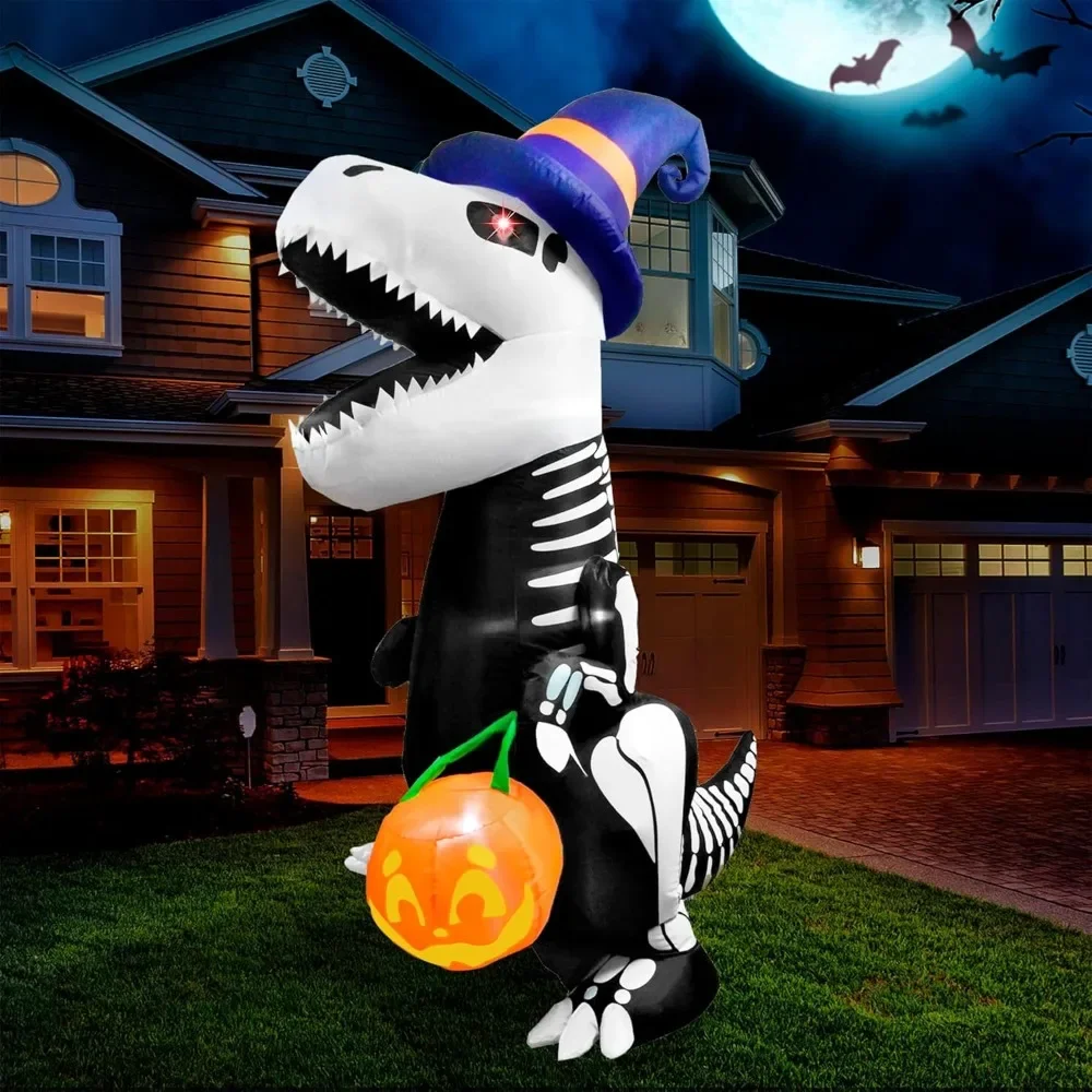 

Halloween Inflatable Skeleton Dinosaur with Pumpkin, Outdoor Decorations, Blow Ups for Yard, 8 ft