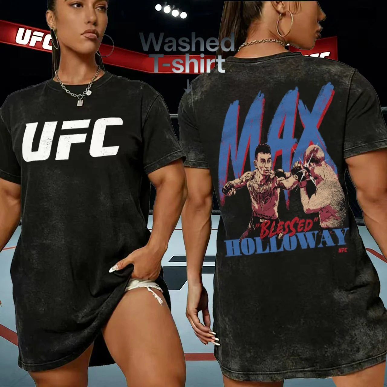 

2026 Summer UFC Brand Max Holloway Strike Premium Washed Print Women Sports T-shirt Unisex Vintage Short Sleeve Oversized Boxing