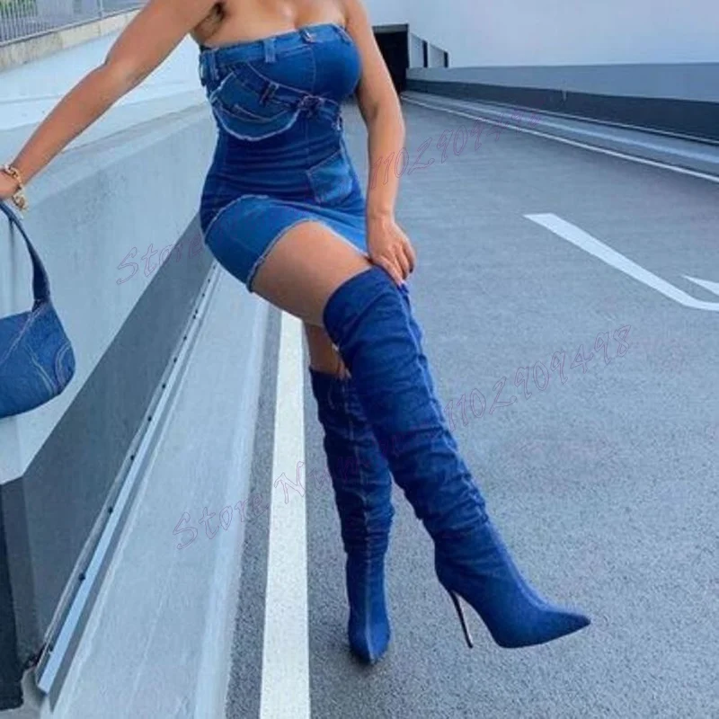 Stivali alti al ginocchio in Denim blu scarpe a punta per donna tacchi a spillo tacchi alti scarpe da festa Sexy da donna 2024 Zapatos Para Mujere