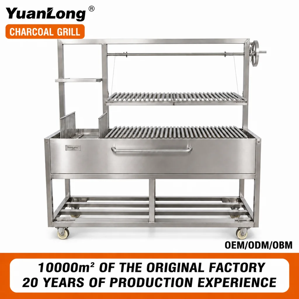 304 Stainless Steel Modern Santa Maria Style BBQ Grill Manual Crank Adjustable Height Trolley Charcoal Barbecue for Outdoor Use