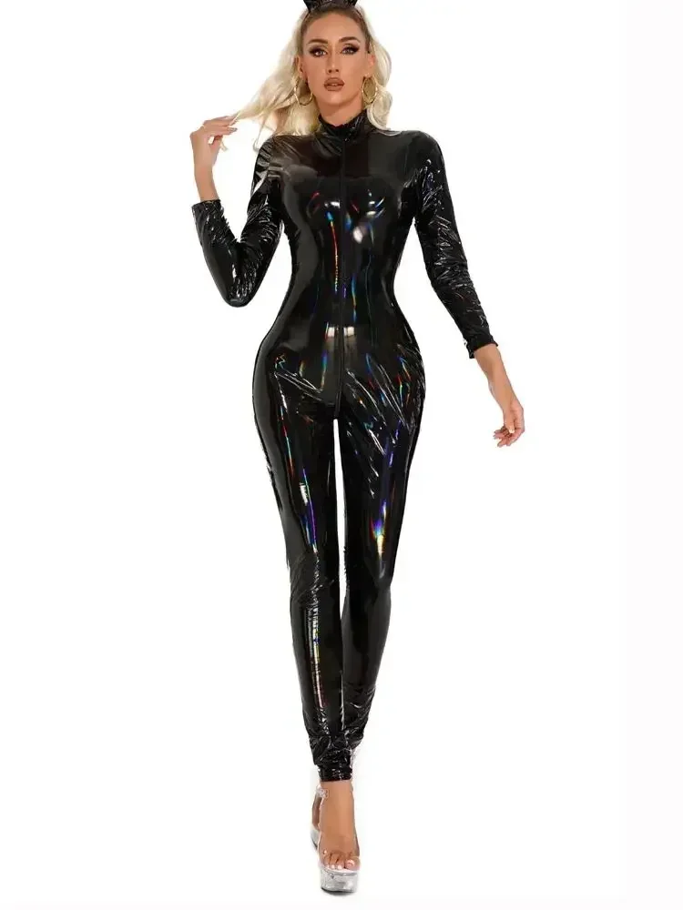 Catsuit en PVC brillant en cuir PU avec fermeture éclair, combinaison de batterie à entrejambe ouvert, collants sexy, justaucorps conjoint, aspect laser coloré, cosplay