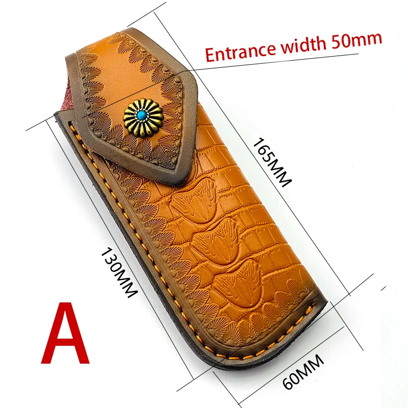 1piece Cowhide Folding Knife Scabbard EDC Tools Sheath with Brass Flower Carving Buckle Cow Leather Waist Case Cover Bag Pants