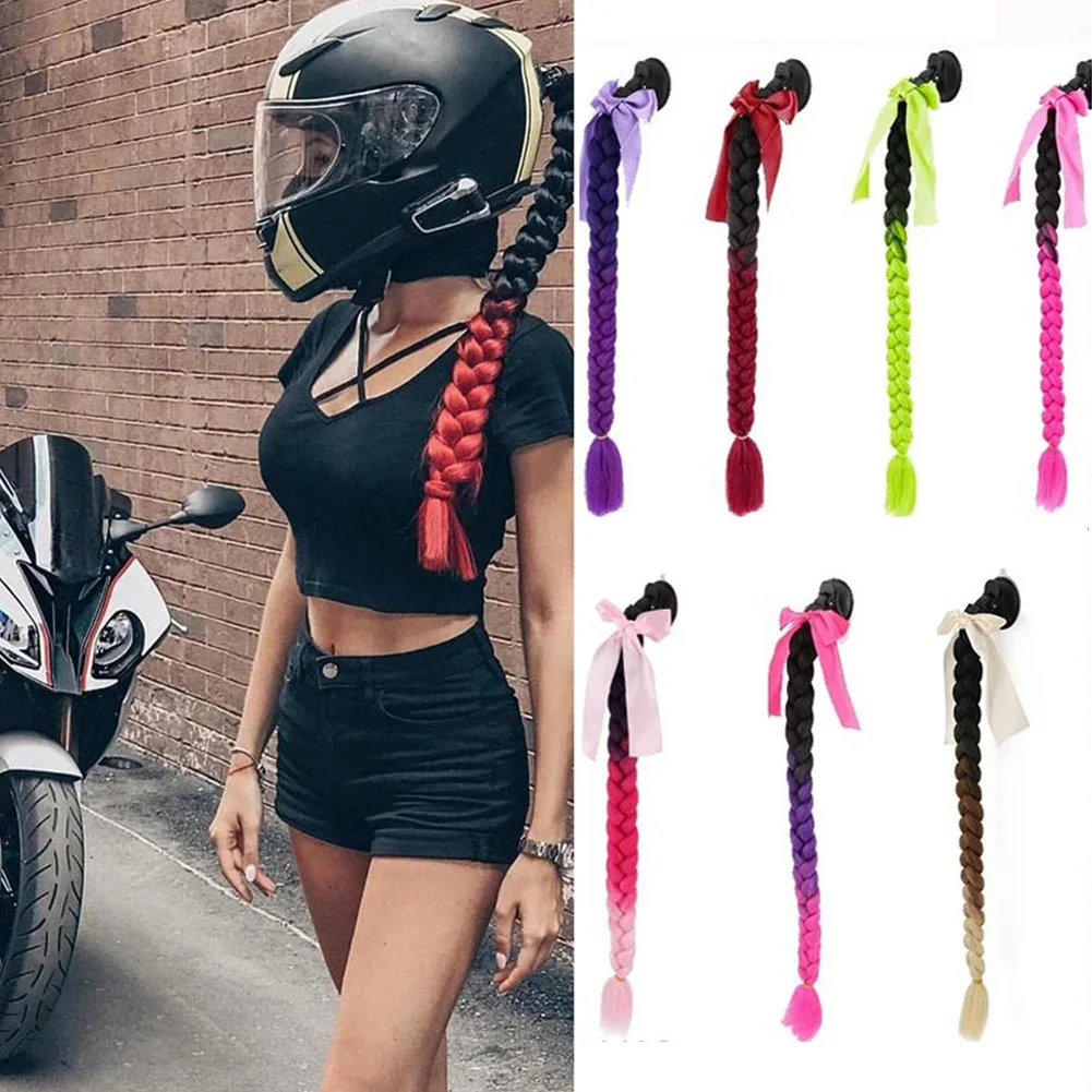 1Pc Creative Syntheitc Helmet Pigtails Gradient Ramp Helmet Braids Ponytail Hair with Suction Cup with Bowknot for Motor Bike