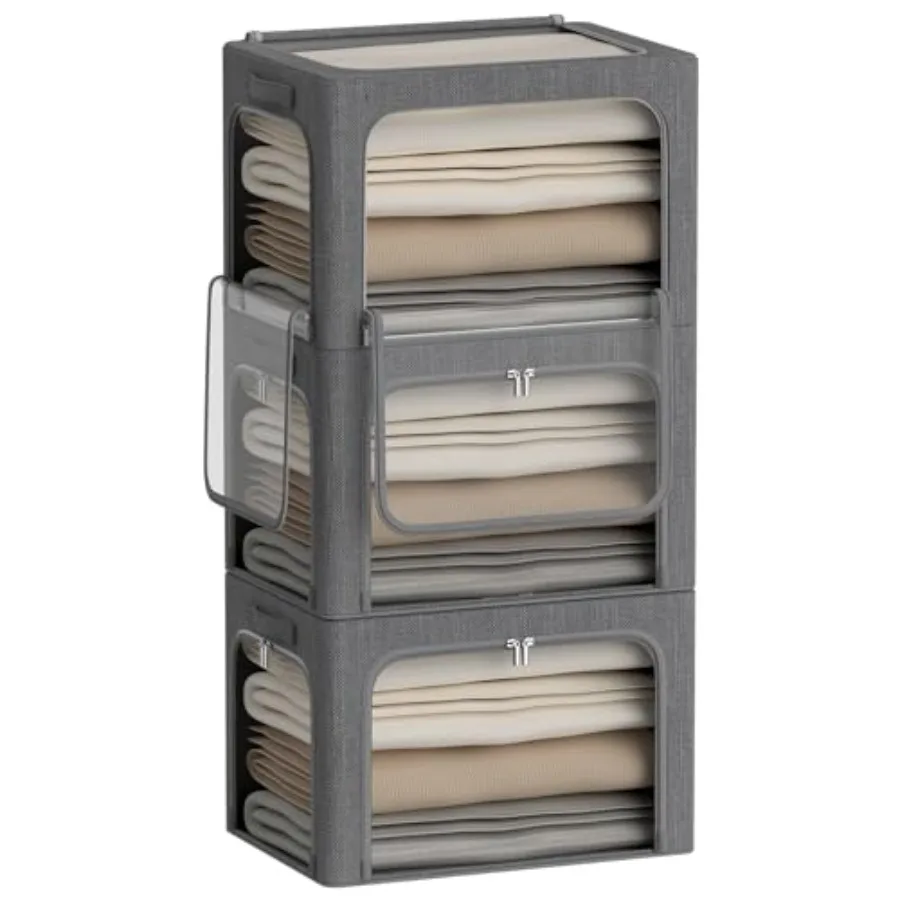 

Набор из 3 складных контейнеров для хранения - металлический каркас, органайзер для одежды с прозрачным окном и ручками для переноски, темно-серый