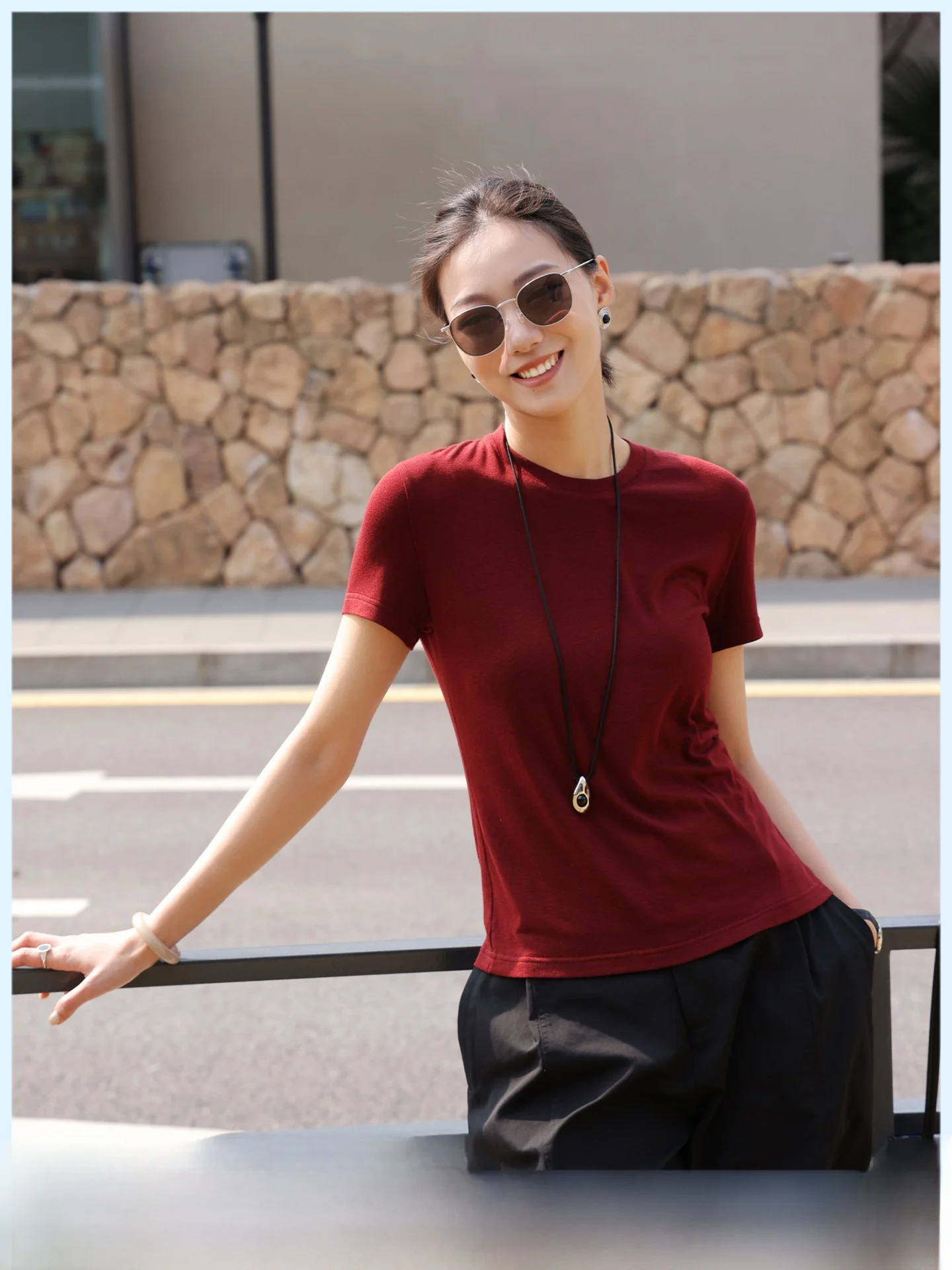 

Slim Fit round Neck Short Sleeve Women's T-Shirt Summer New Style Pure Color Lyocell Fiber Breathable Comfortable Casual Top