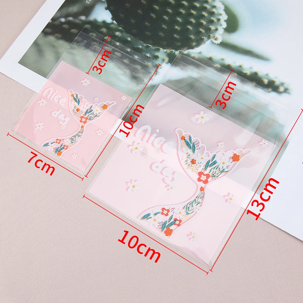 50pcs OPP Self-Sealing Bags Pink Mermaid Tail Print Self-Adhesive Bags for Diy Jewelry Display Handmade Baking Cookies Packaging