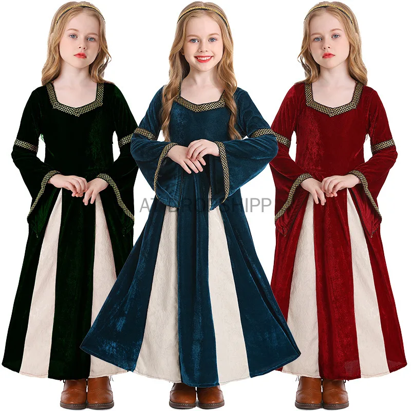 Kids Renaissance medieval Prince cosplay Girl's Costume Musical Theater Victorian Costumes Dark Green Trumpet Sleeve Dress