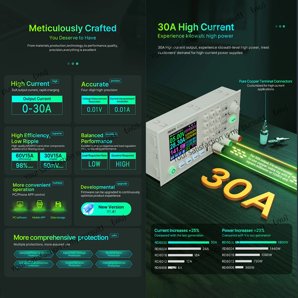 

RD6030 Модуль понижающего регулятора напряжения 0 ~ 60 В Регулируемая высокая точность 30 А Сильноточное зарядное устройство для литиевой батареи Светодиодный экран