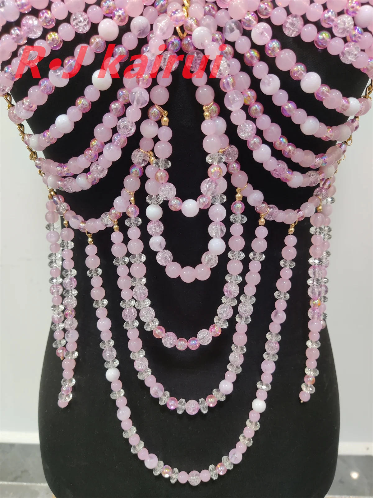 RJ Fashion Sexy Metal Acrylic Neck Body Chain Pastel Pink Beads Halter Dress Masquerade Stage Party Jewelry Accessories