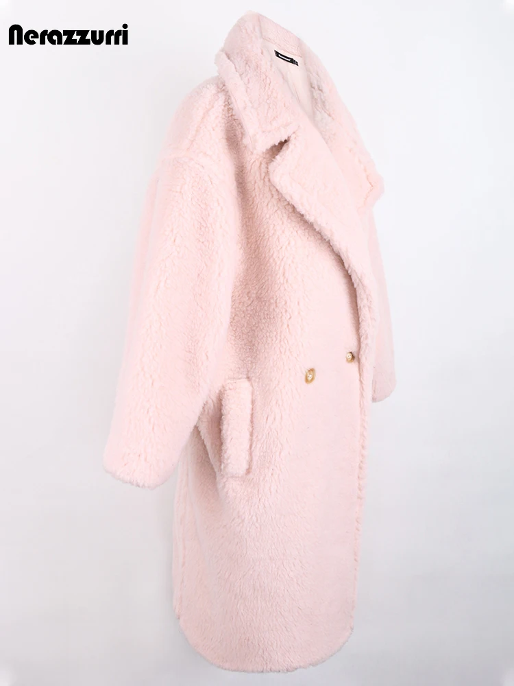 Nerazzurri Winter Long Luxurious Elegant Pink Oversized Thick Warm Fluffy Teddy Coat Women Double Breasted European Fashion 2022