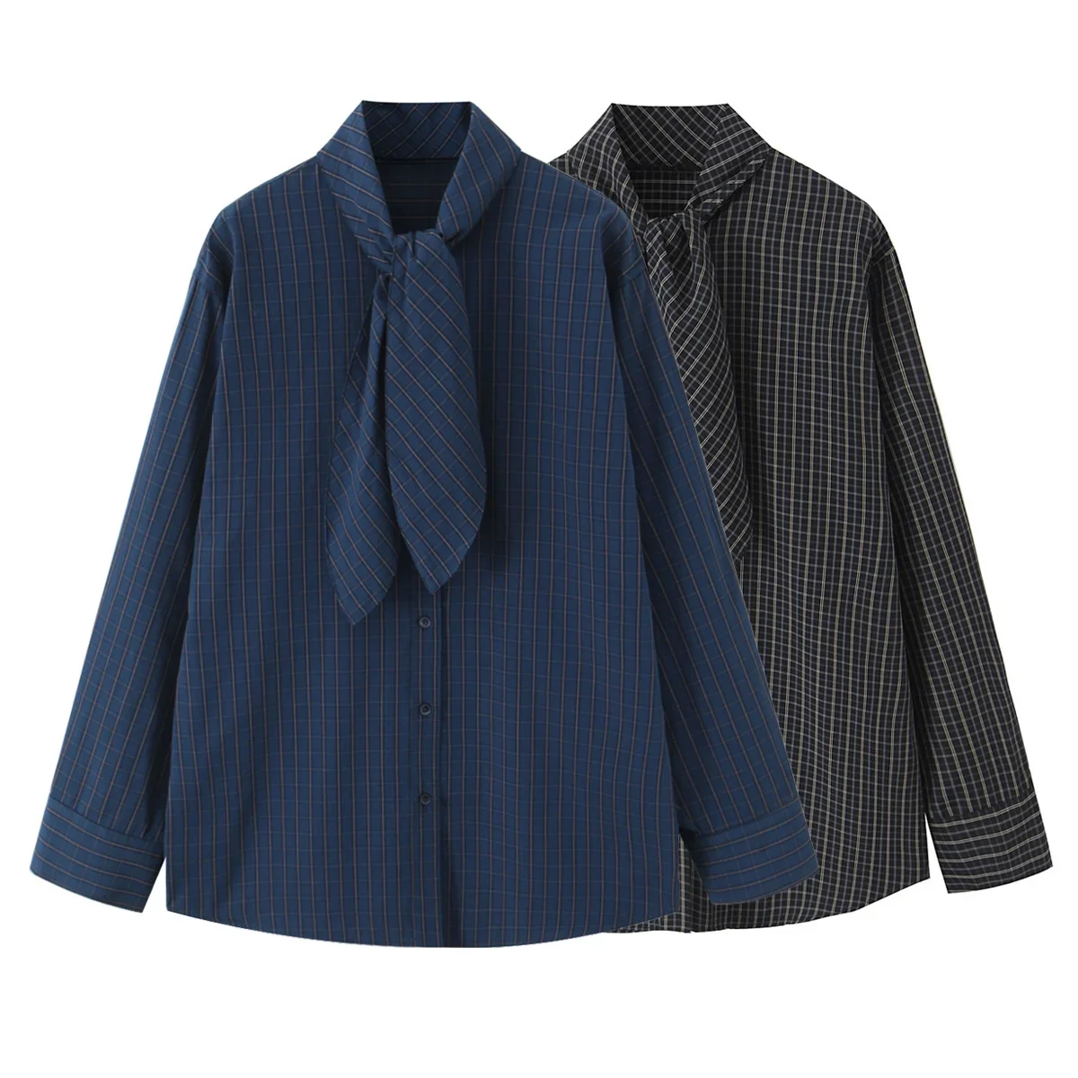 

2025 Winter New Women's Casual Fashion Flap Collar Long Sleeve Button Cotton Yarn Scarf Style Plaid Shirt