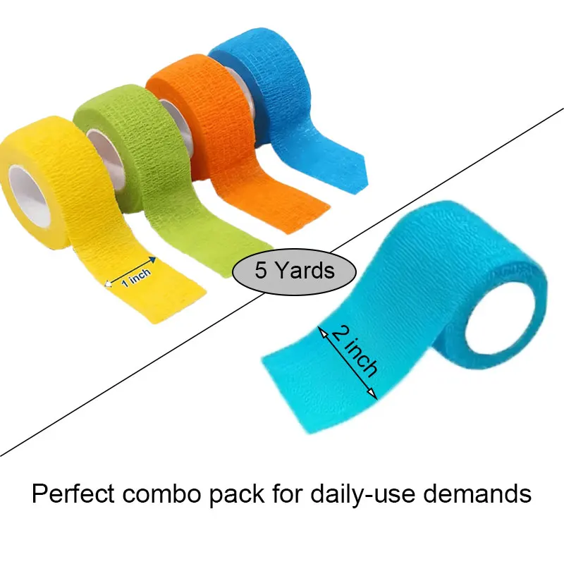 10 Rolls Self Adhesive Non-Woven Bandage Combo, 1 & 2 Inch Random Color No Residue Elastic Wrap, Hand-Tear Breathable Athletic T