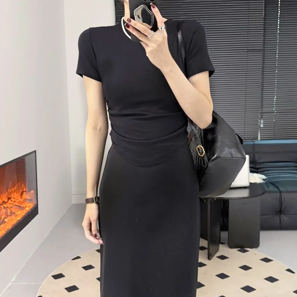 Trendy Solid Color Summer Short Sleeves Round Neck Spice Girl Slim Fit T-shirt Pleated Top for Women Girl 썸네일 3