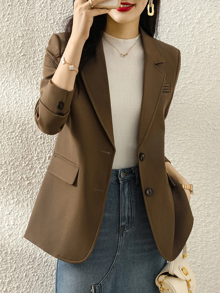 Caramel Color Women's Casual Suit Jacket Spring Autumn Back Button Design Korean Style Polyester Fabric Long Sleeve Coat