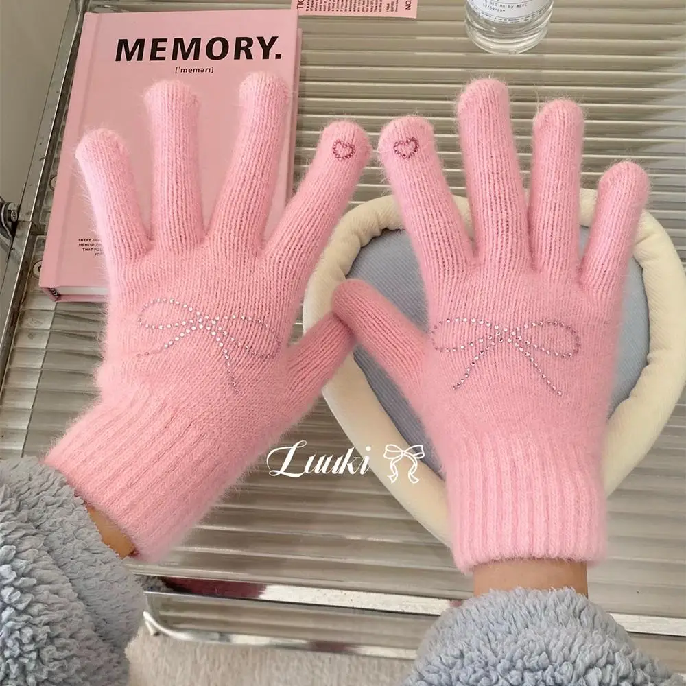 Cartoon Kawaii Gloves Sticking Water Diamond Plush Adult Warm Five Finger Gloves Cute Sweet Girl Hand Protector Festival Gift