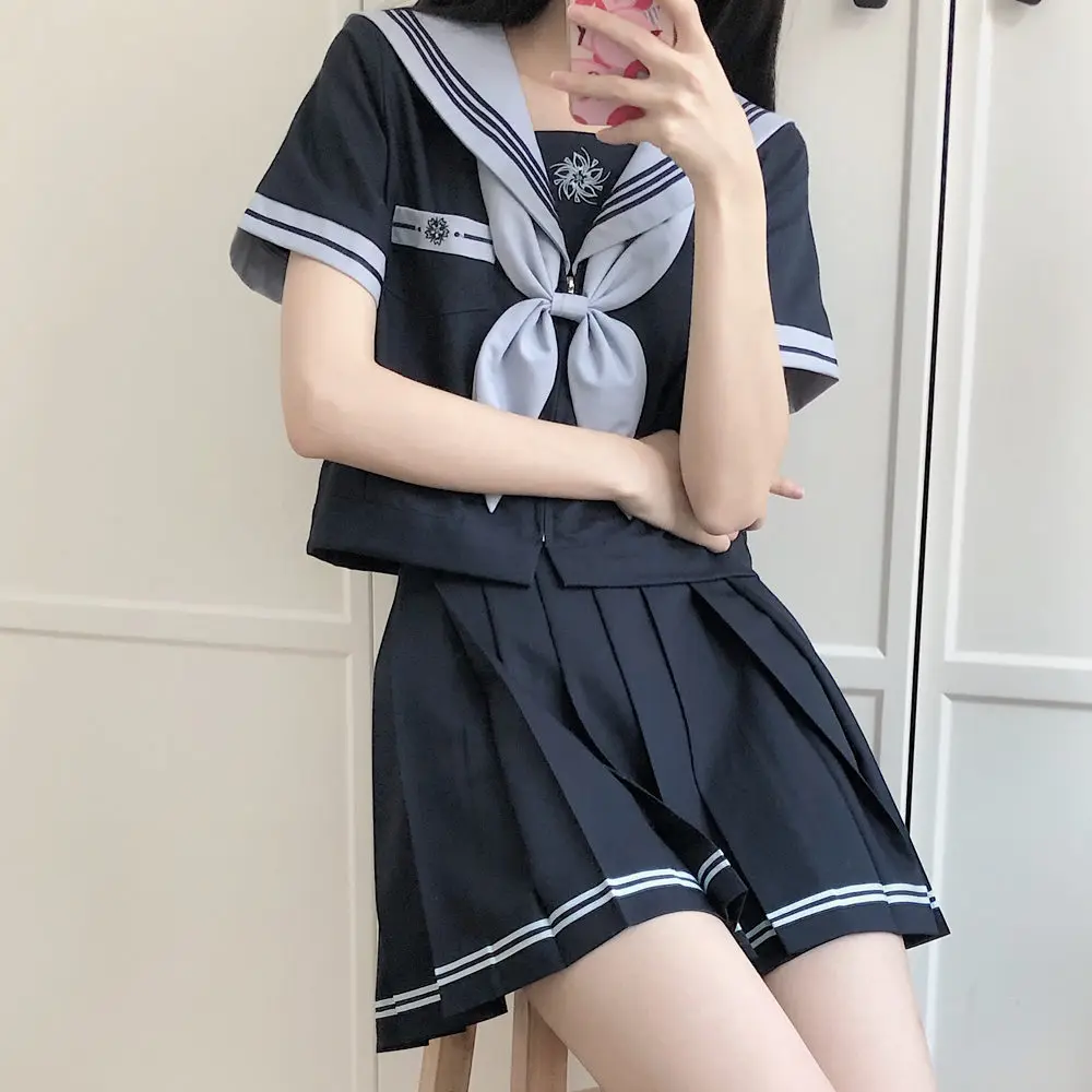 High School South Korea Students JK Uniform Short Sleeve Navy Pleated Shirts Female Summer Sailor Outfit Japanese Cosplay