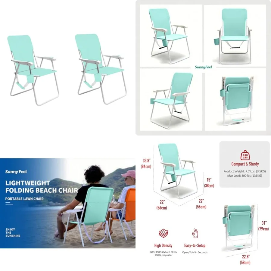 

Tall Folding Lawn Beach Chair Lightweight, Portable Sand Chair for Adults Heavy Duty 300 LBS with Cup Holders, Foldable Camping