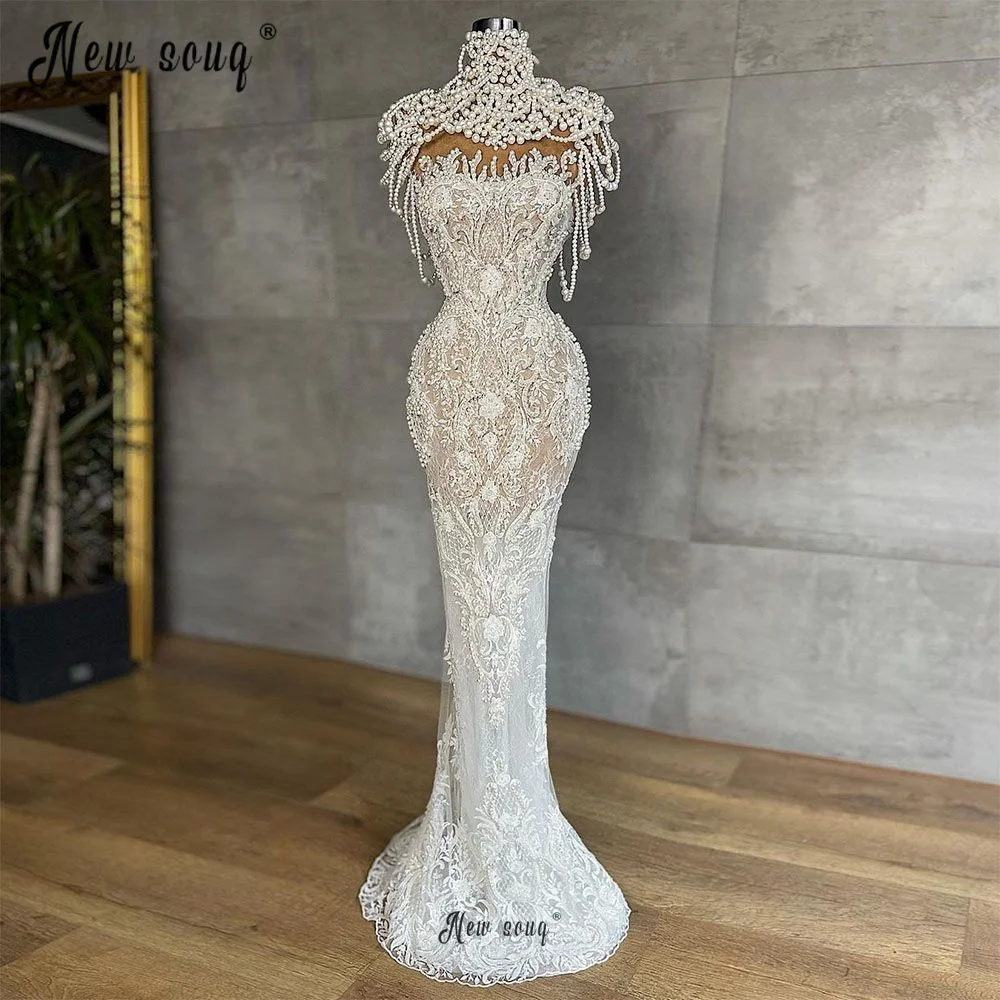 

Ivory Full Pearls Tassel Evening Dress Dubai Lace Beaded High Neck Prom Gowns Arabic Mermaid Wedding Party Dresses Custom Made